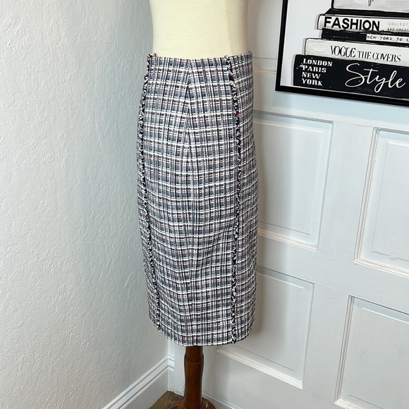 J. Crew Navy White & Red Tweed Fringe Midi Skirt Size 0 - Picture 3 of 8